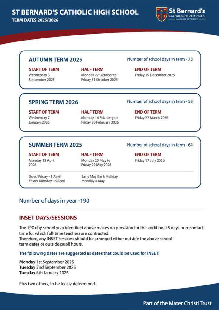 Term Dates | St Bernard's Catholic High School
